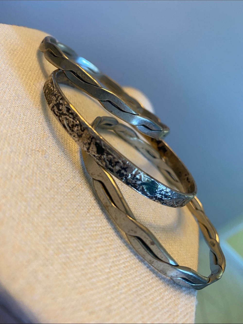 Vintage Mexican Alpaca Silver Bangle Bracelet Trio